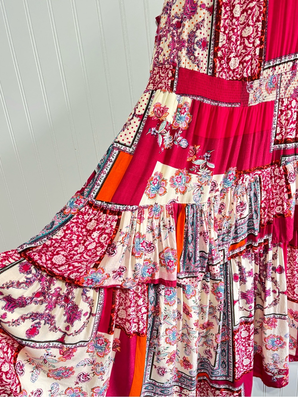 Lapis Patchwork Boho Tiered Ruffle Midi Dress Pink Floral Size Large - Picture 5 of 16